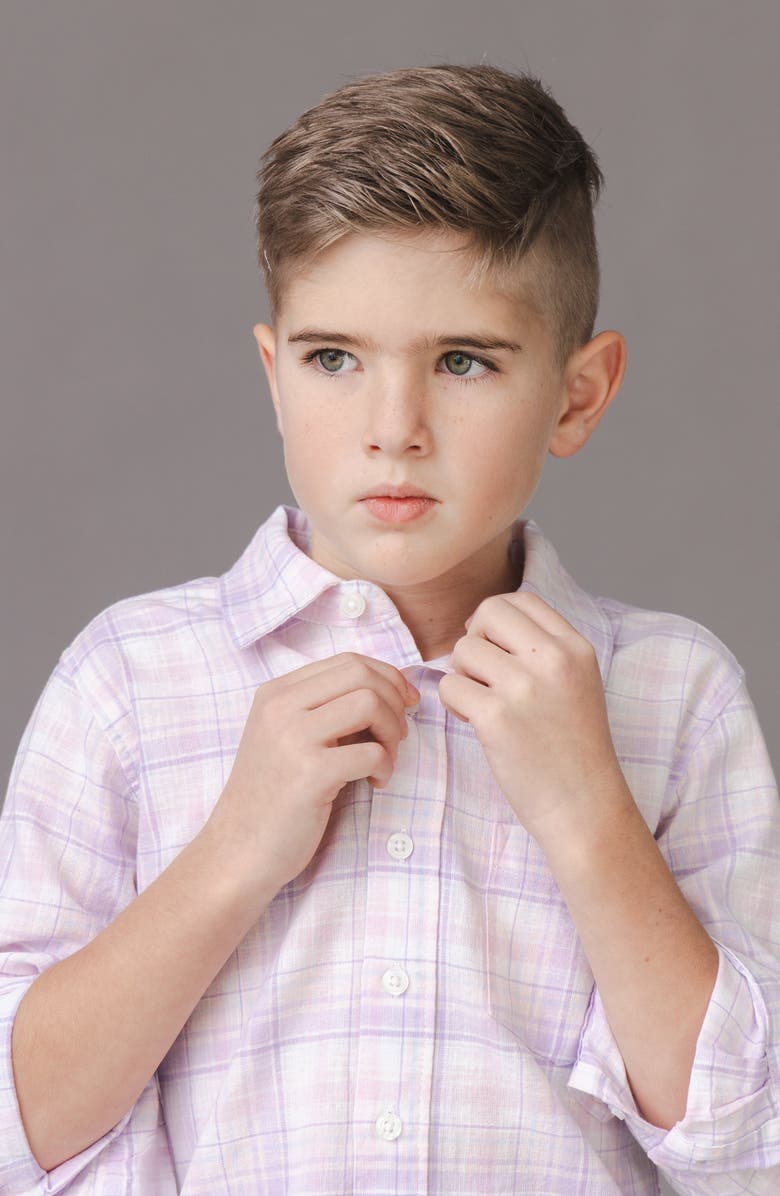 Hope & Henry Kids' Linen Long Sleeve Button Down Shirt, Alternate, color, Monet Plaid