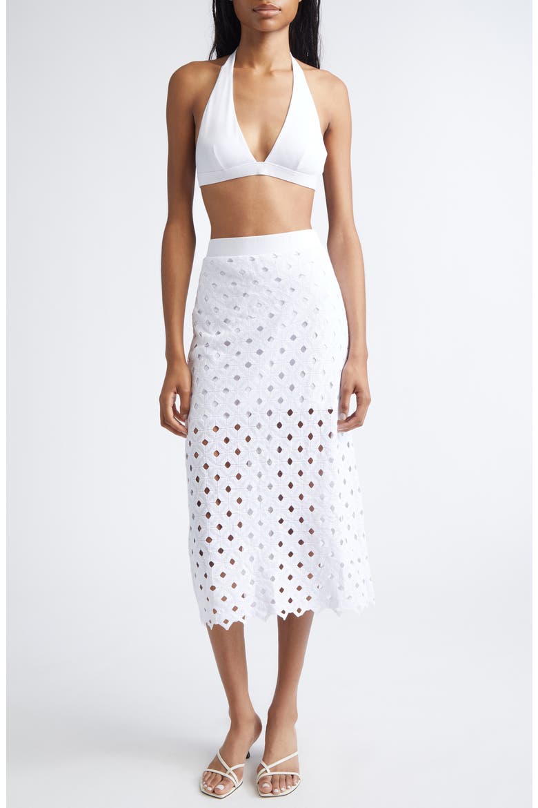 Beachwear Embroidered Jersey Eyelet Midi Skirt, Alternate, color, OPTICAL WHITE
