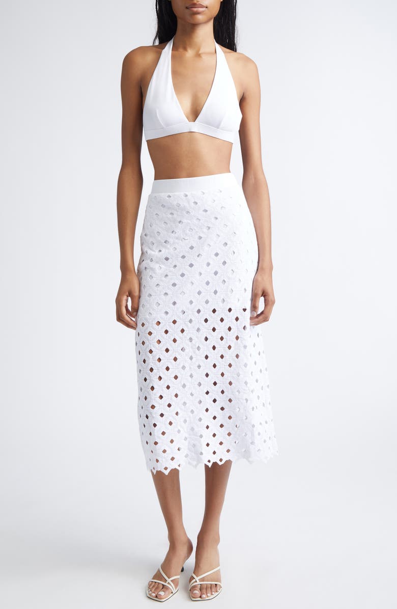 Max Mara Embroidered Jersey Eyelet Midi Skirt, Main, color, Optical White