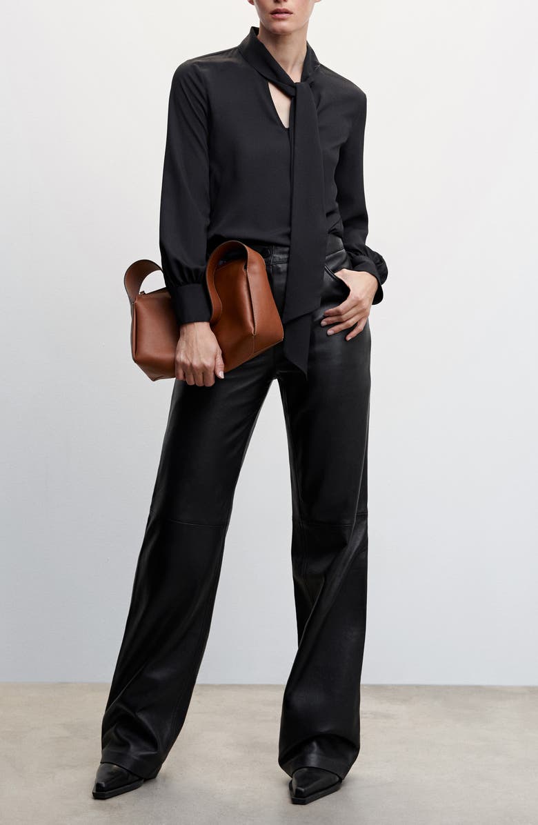 MANGO Flowy Tie Neck Long Sleeve Blouse, Alternate, color,