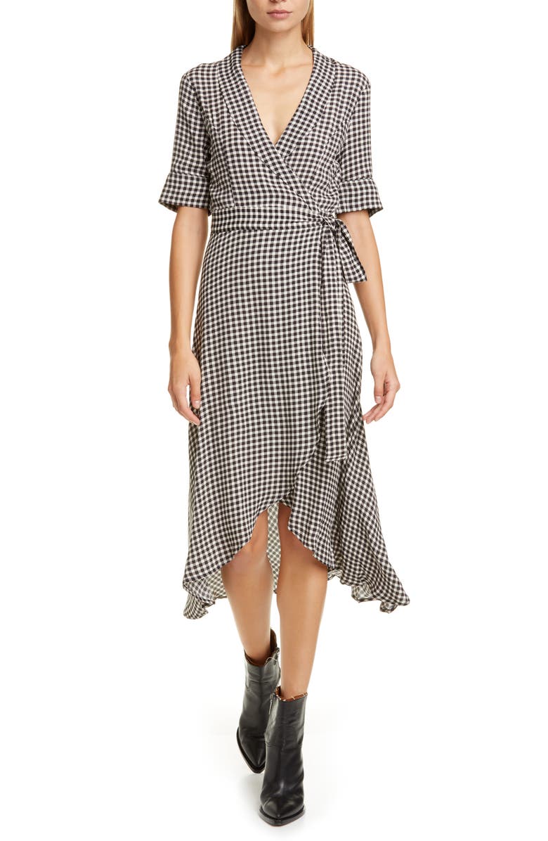 Ganni Gingham Print Midi Wrap Dress, Main, color, 