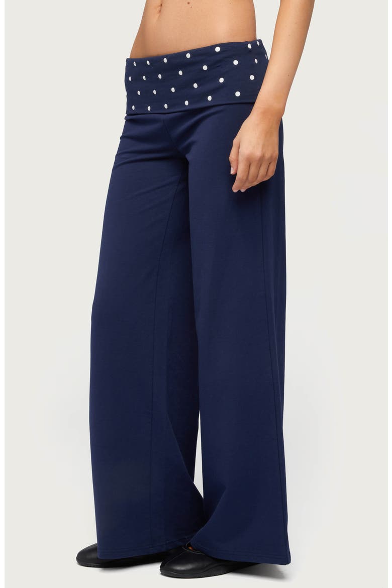 Reeva Polka Dot Foldover Wide Leg Pants, Alternate, color, NAVY