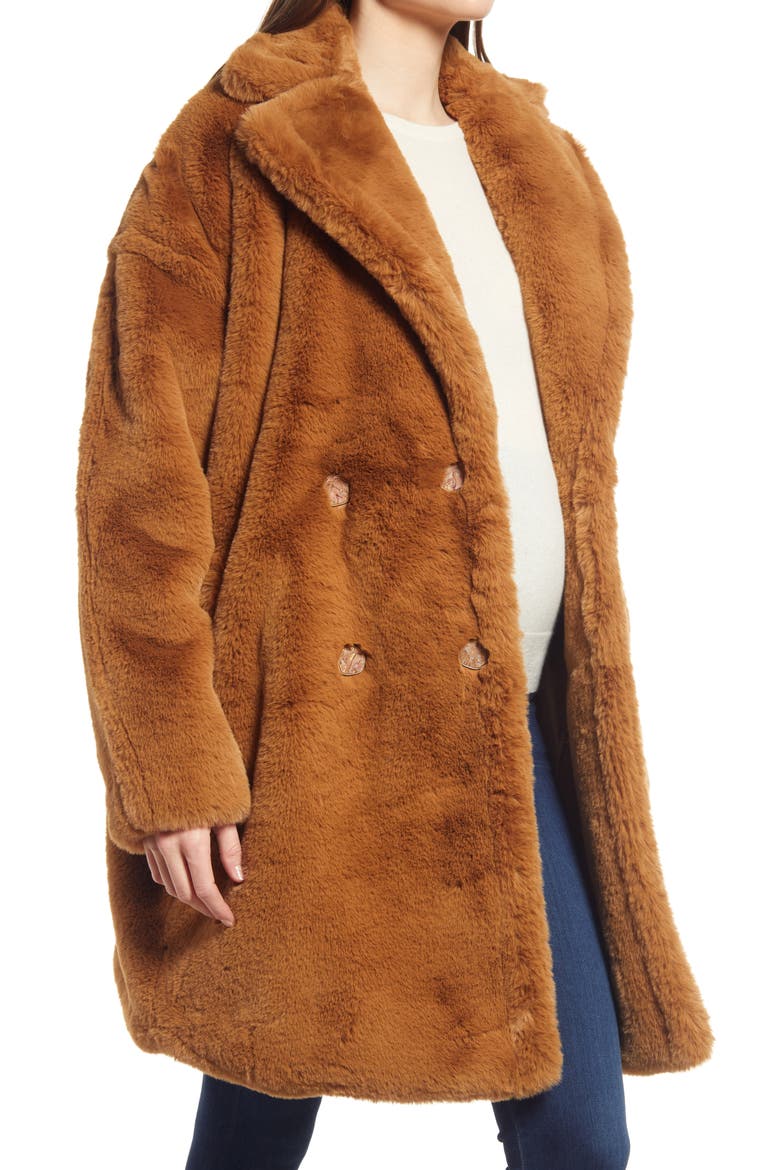 Annabette Faux Fur Maternity Coat, Alternate, color, TOBACCO
