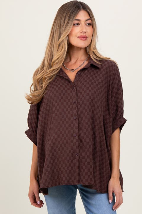 Checker Print Short Sleeve Oversized Blouse