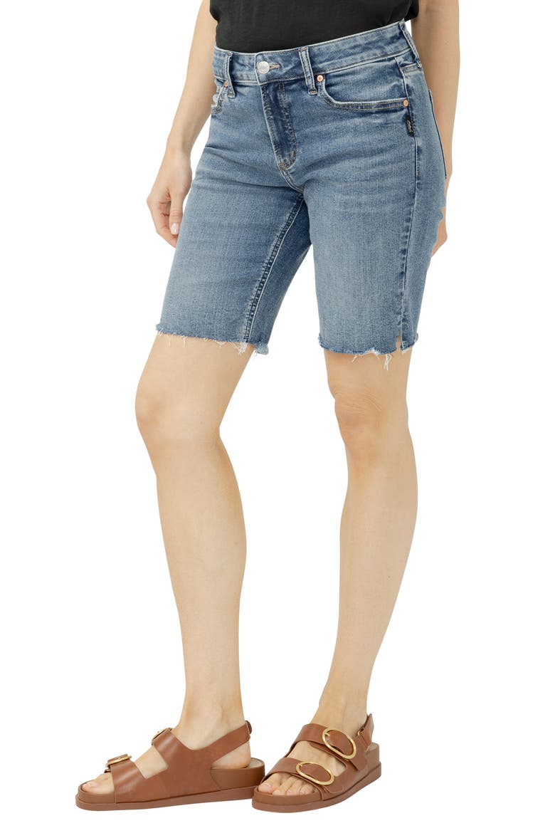 Elyse Curvy Raw Hem Mid Rise Denim Bermuda Shorts, Alternate, color, SUNSET BLUE