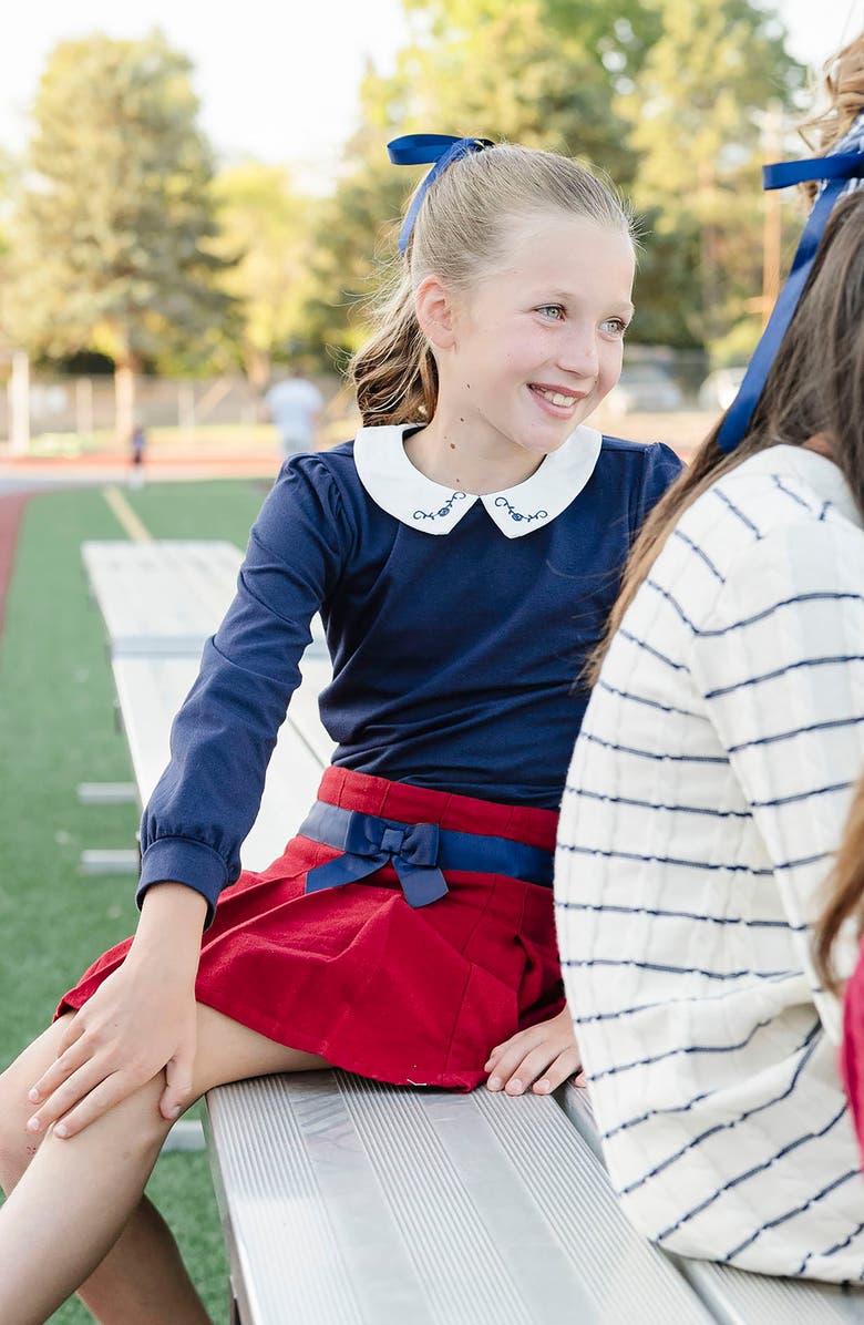 Hope & Henry Kids' Organic Long Sleeve Knit Top with Woven Collar, Alternate, color, Navy With Embroidery