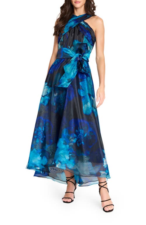 Tahari Asl Floral Organza Evening Gown In Blue
