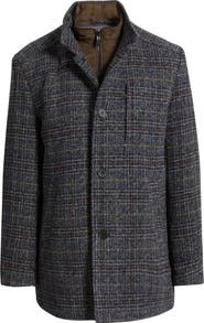 Johnston & Murphy Upton Plaid Wool Blend Car Coat with Removable Bib