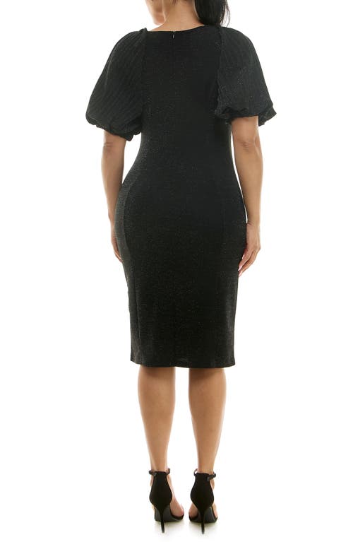 Nina Leonard Pleated Puff Sleeve Glitter Sheath Dress In Black