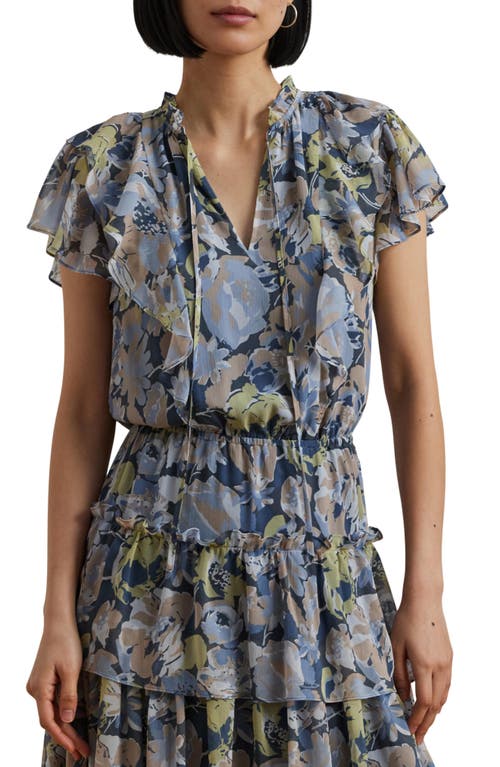 Ralph Lauren Plus Size Floral Ruffle-trim Georgette Dress In Blue Multi