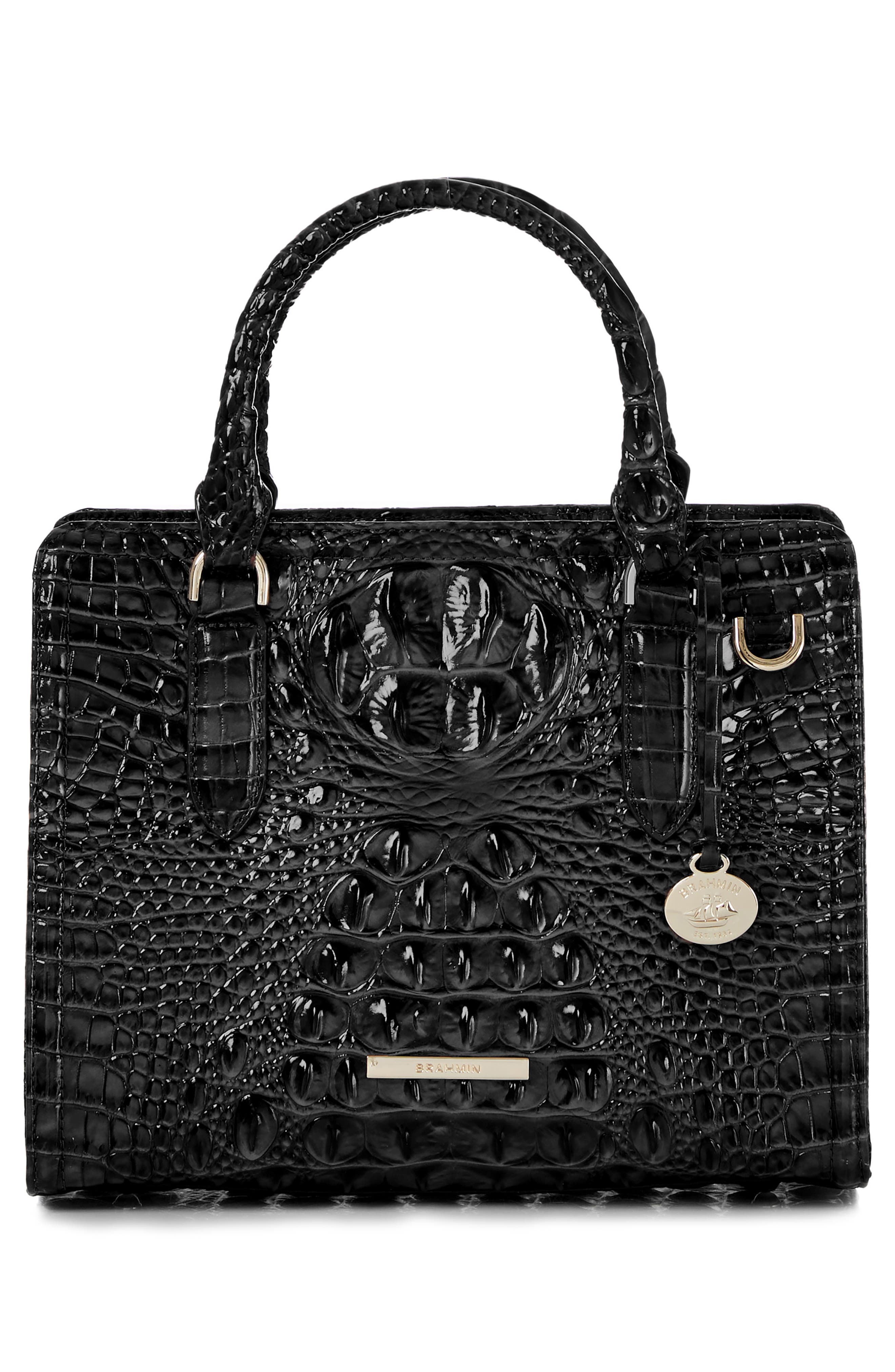 Brahmin Cami Croc Embossed Leather Satchel, Alternate, color, Black