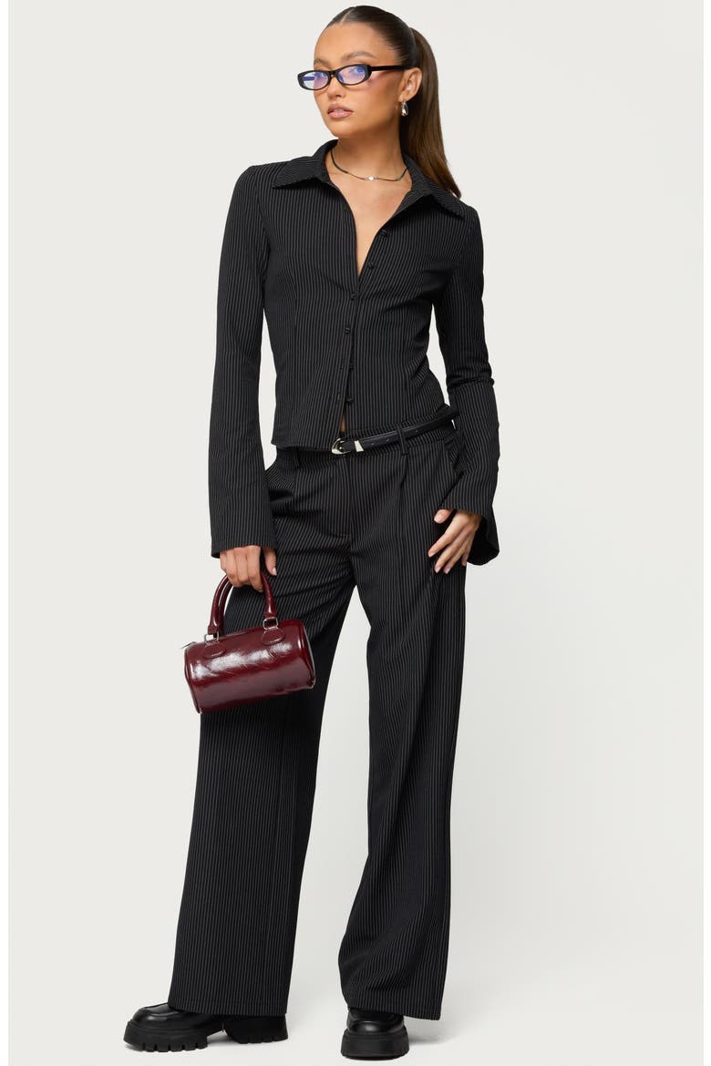 Pinstripe Tailored Button-Up Shirt, Alternate, color, BLACK
