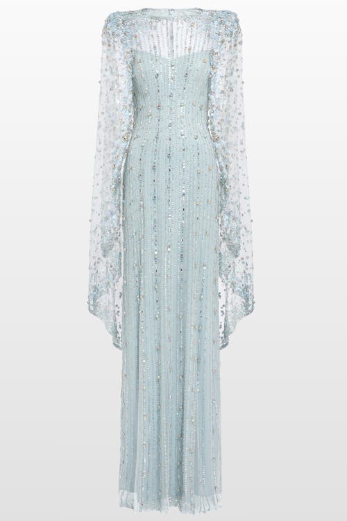 Jenny Packham Blaize Sequin-embellished Cape Maxi Dress In Blue