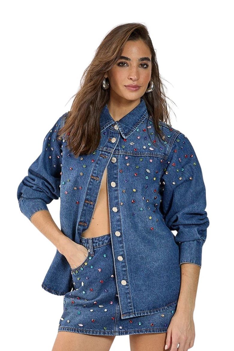 Denim Embellished Long Sleeve Shirt, Main, color, Authentic Midwash