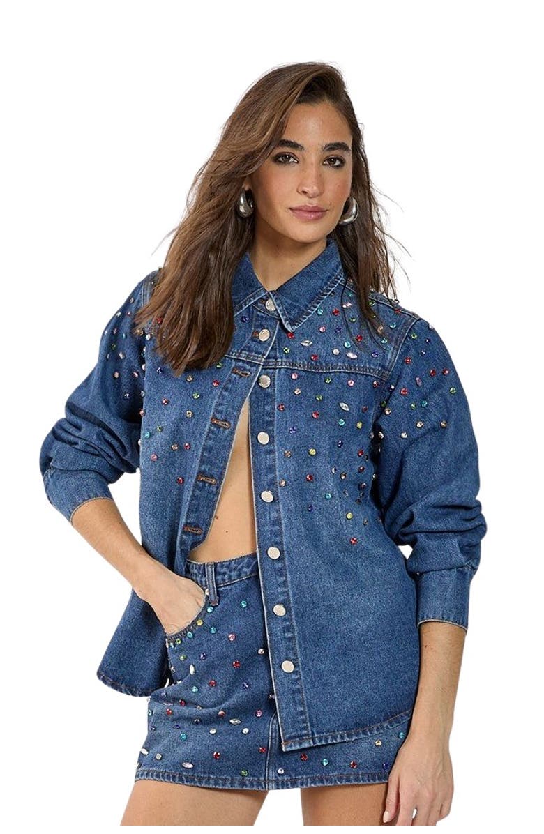 NASTY GAL Denim Embellished Long Sleeve Shirt, Main, color, Authentic Midwash