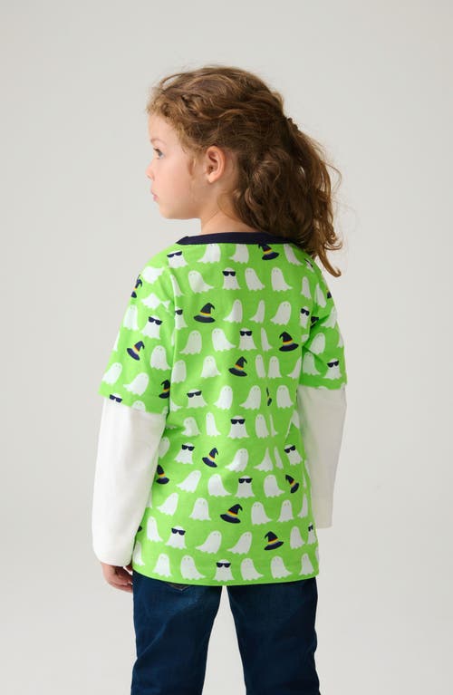 Little Bird Kids' Super Ghoul Long Sleeve Layered Look Cotton Graphic T-shirt In Green