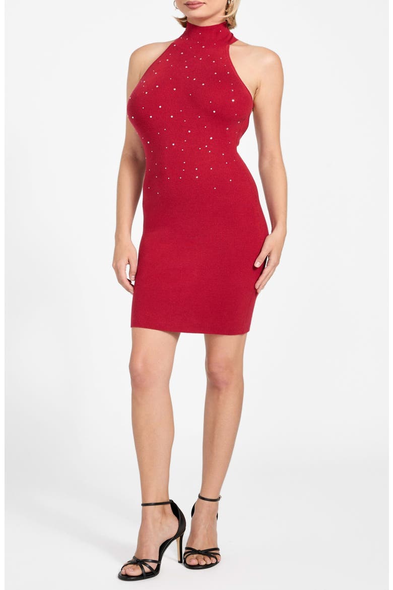 Minara Rhinestone Halter Cocktail Dress, Main, color, RED