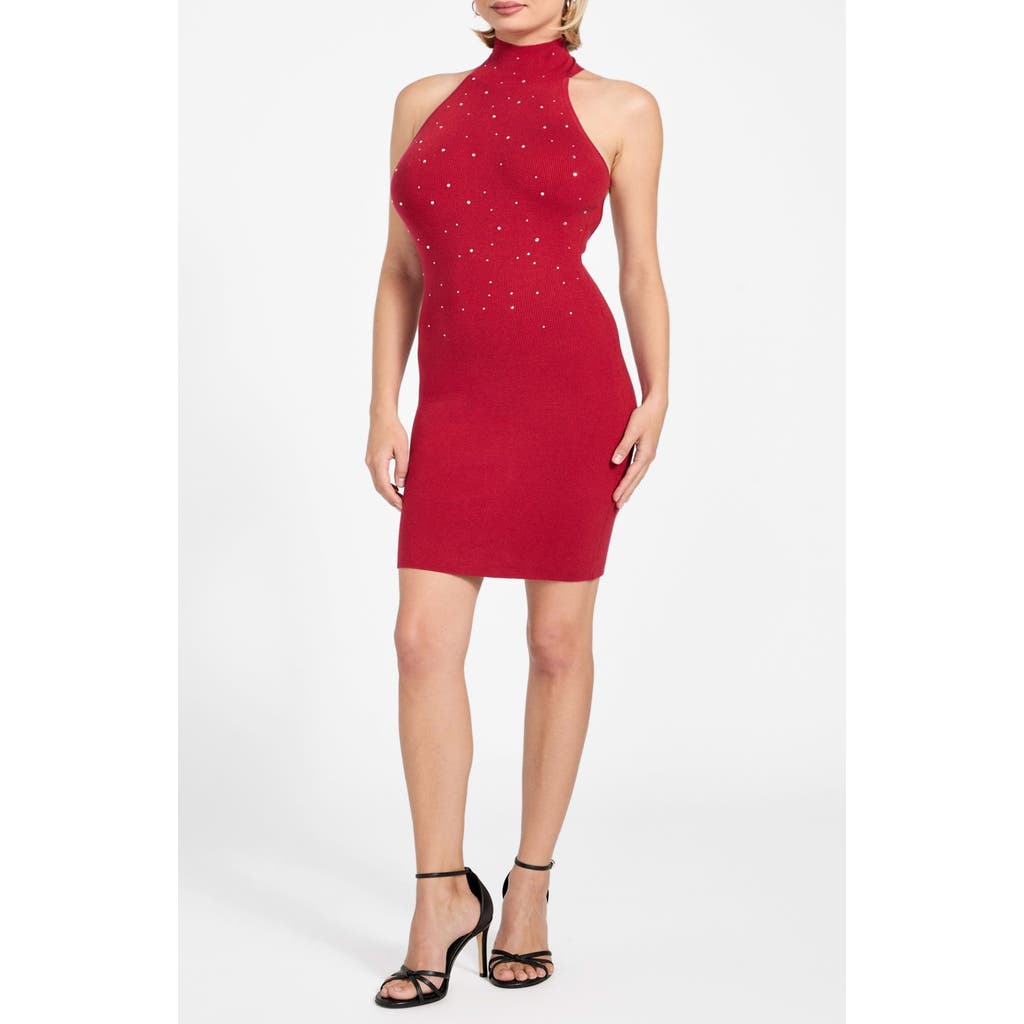 Guess Minara Rhinestone Halter Cocktail Dress In Red