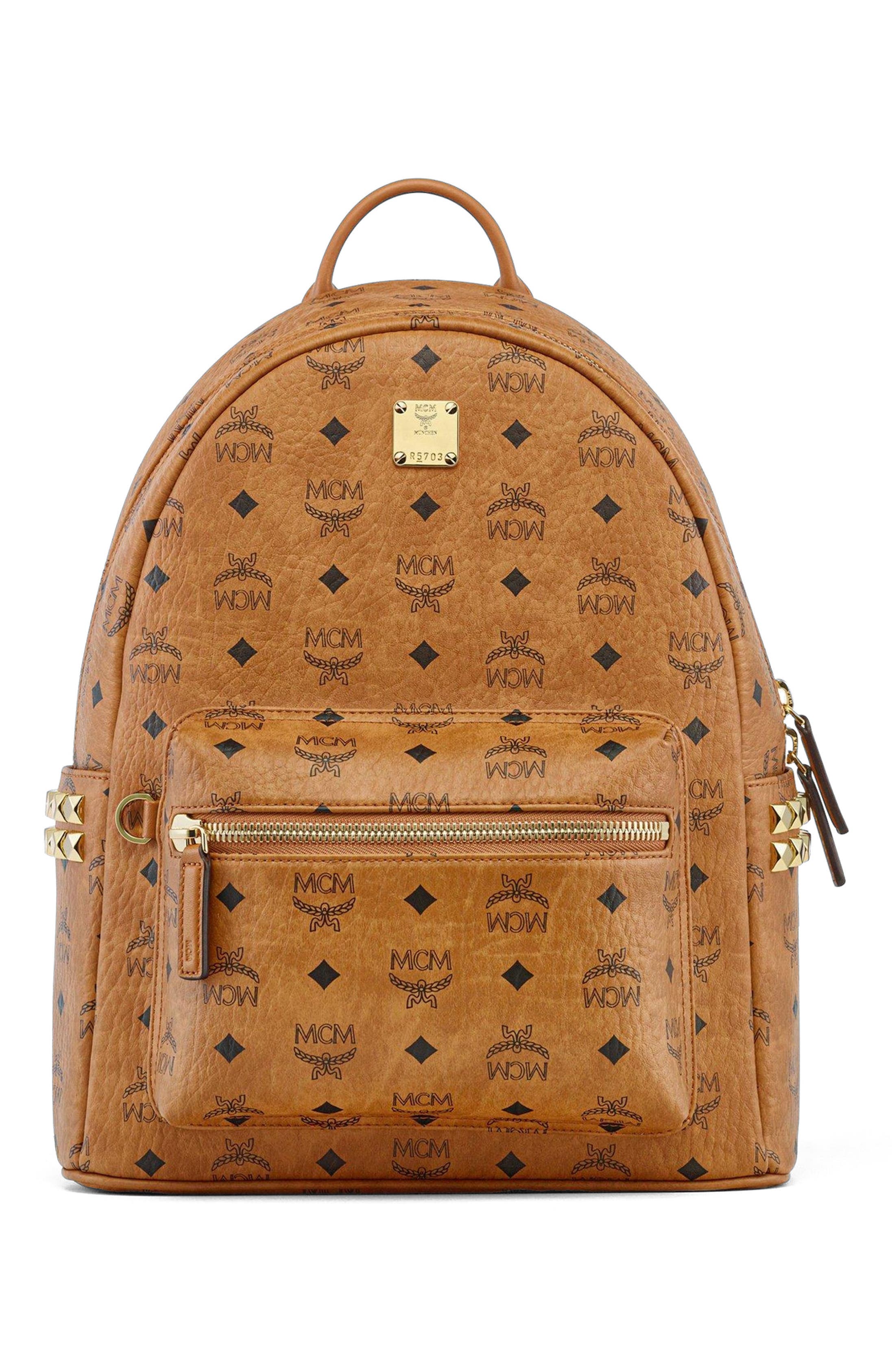 Small Stark Side Studs Backpack in Visetos, Alternate, color, Cognac