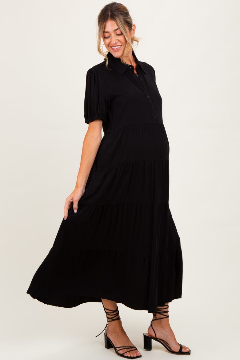 Collared Button Down Tiered Midi Dress, Alternate, color, Black
