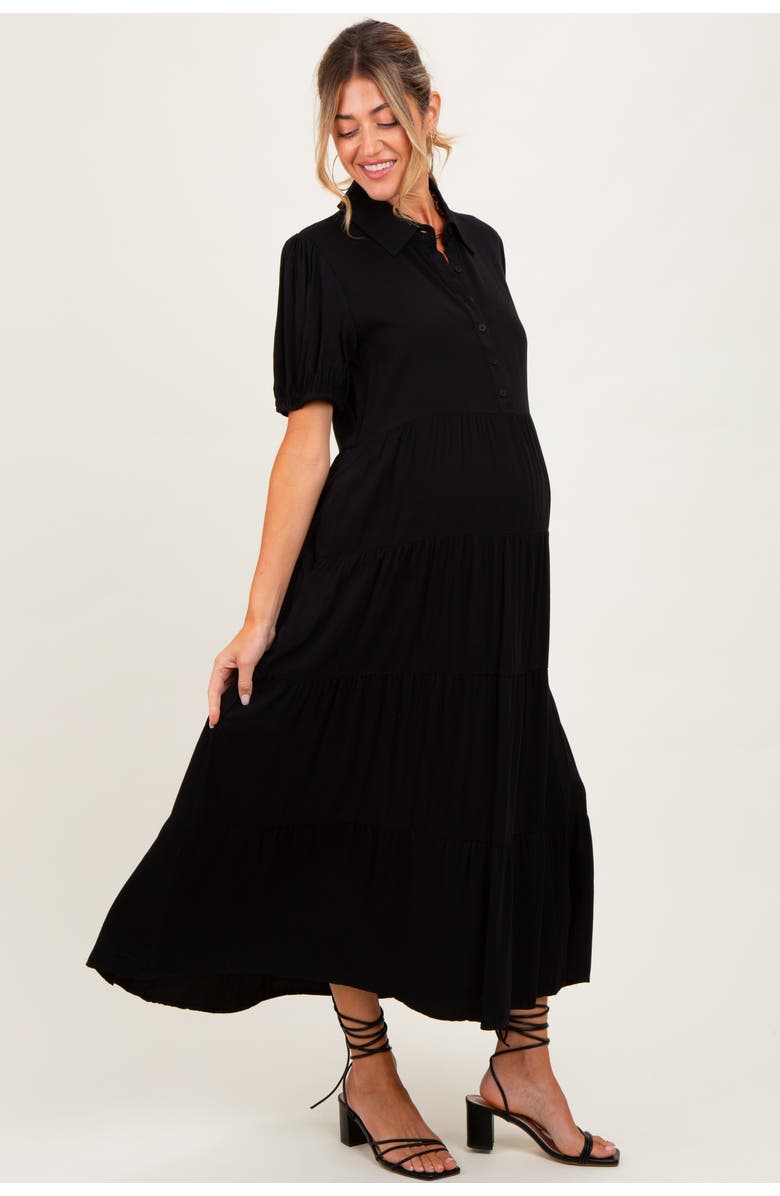 PinkBlush Collared Button Down Tiered Midi Dress, Alternate, color, Black