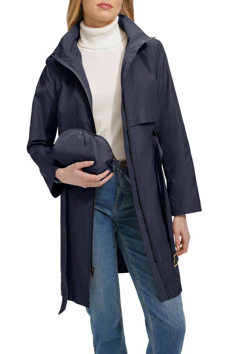 Cole Haan Belted Travel Packable Hooded Rain Jacket, Alternate, color, Indigo