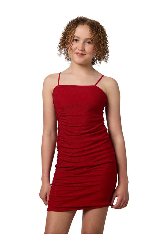 Un Deux Trois Ruched Sleeveless Glitter Dress In Red