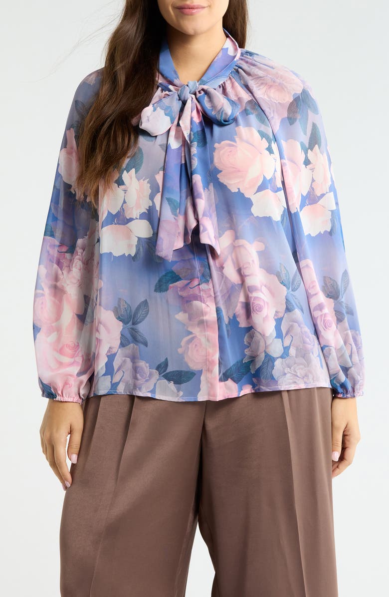 Tahari ASL Printed Ruffle Top, Main, color, Blue Petal Floral