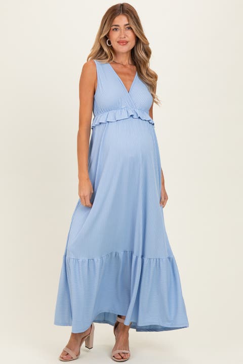 Blue Ribbed Sleeveless V-Neck Ruffle Tiered Maxi Dress