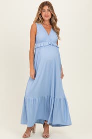 PinkBlush Blue Ribbed Sleeveless V-Neck Ruffle Tiered Maxi Dress
