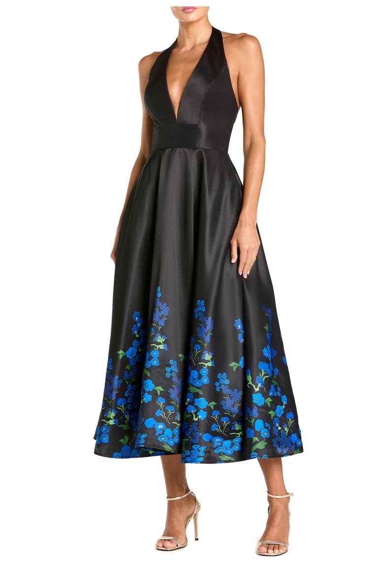Mac Duggal Halter Neck Floral Printed Satin Midi Dress, Main, color, Black Multi