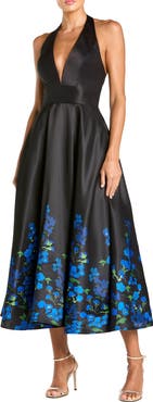 Mac Duggal Halter Neck Floral Printed Satin Midi Dress