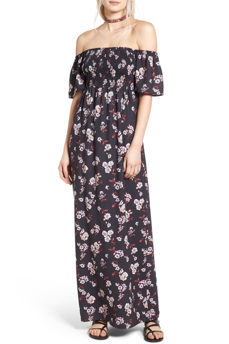 Smocked Off the Shoulder Maxi Dress, Main, color, BLACK FLORAL