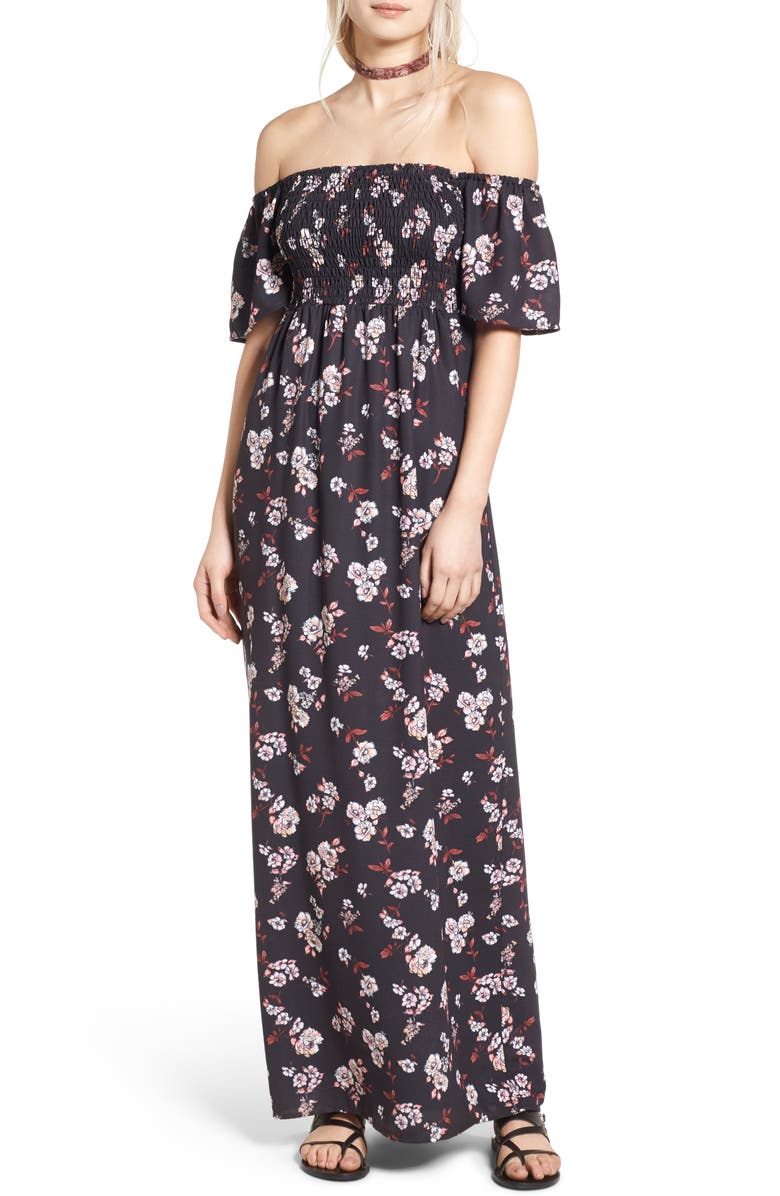 Socialite Smocked Off the Shoulder Maxi Dress, Main, color,