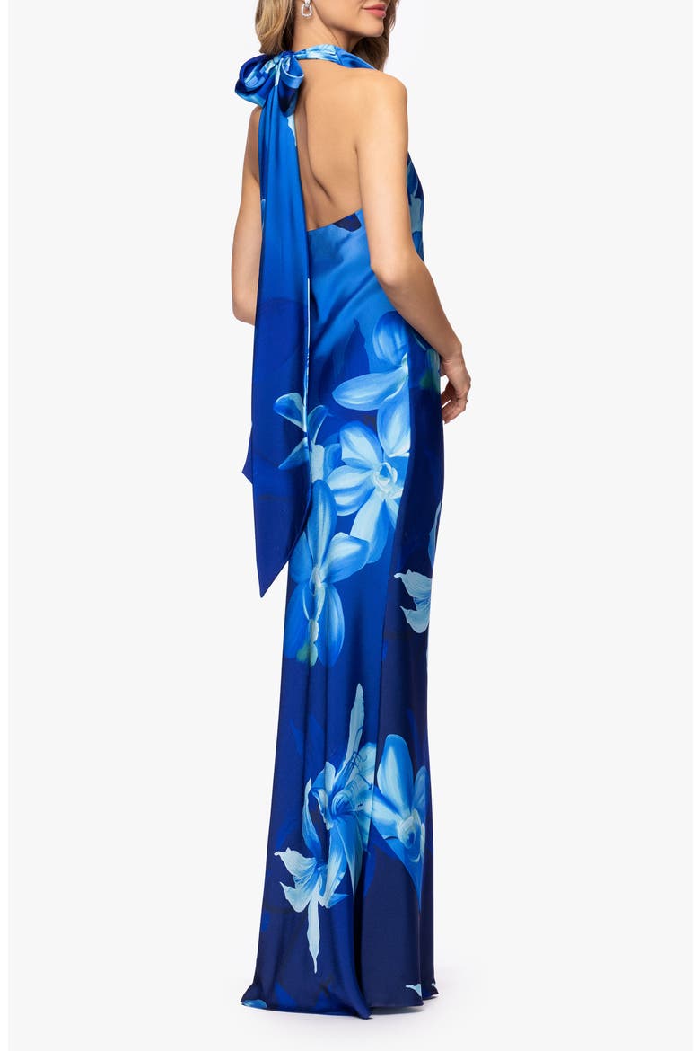 Floral Halter Neck Hammered Satin Gown, Alternate, color, BLUE/ MULTI