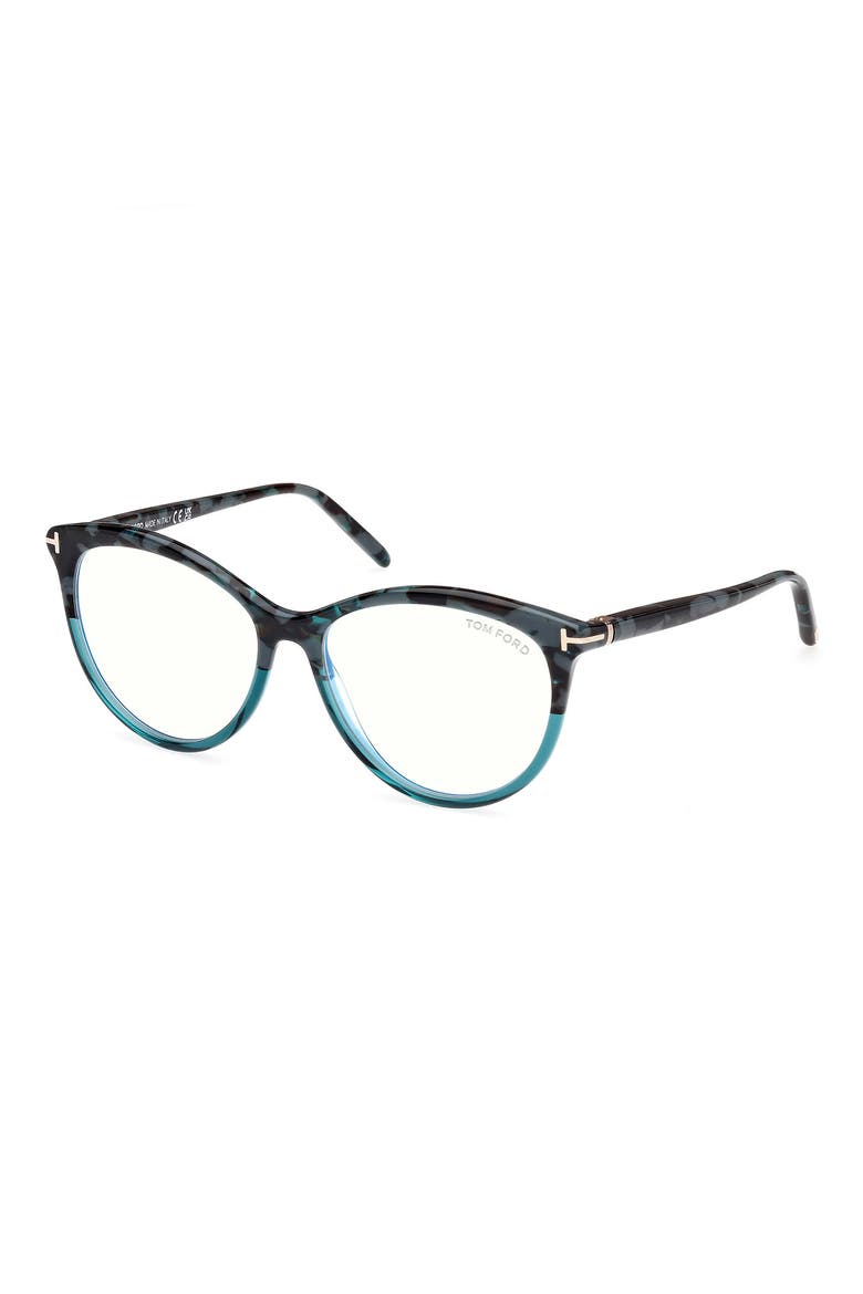55mm Round Blue Light Blocking Glasses, Alternate, color, HAVANA / TEAL / T LOGO
