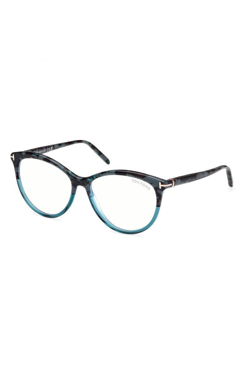 TOM FORD 55mm Round Blue Light Blocking Glasses, Alternate, color, Havana / Teal / T Logo
