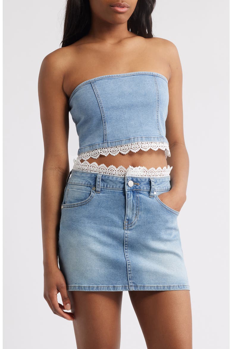 Misty Lace Trim Strapless Denim Top, Main, color, LIGHT WASH