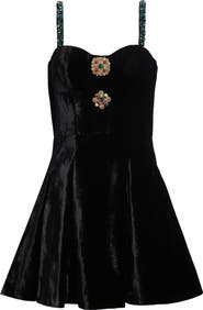 Balmain Embellished Strap Velvet Fit & Flare Dress