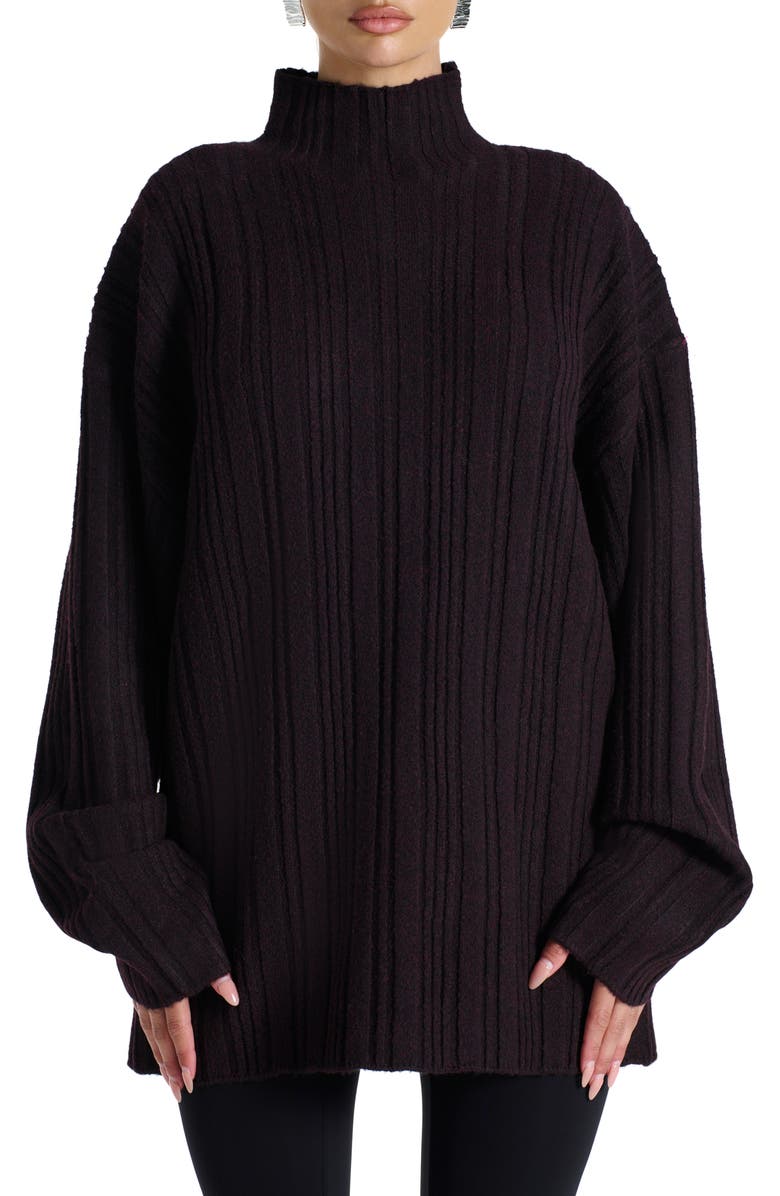 Naked Wardrobe Oversize Funnel Neck Sweater, Main, color, Dark Plum