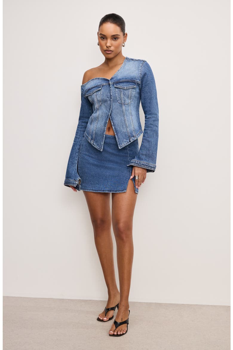 One-Shoulder Cutaway Denim Shirt, Alternate, color, INDIGO771