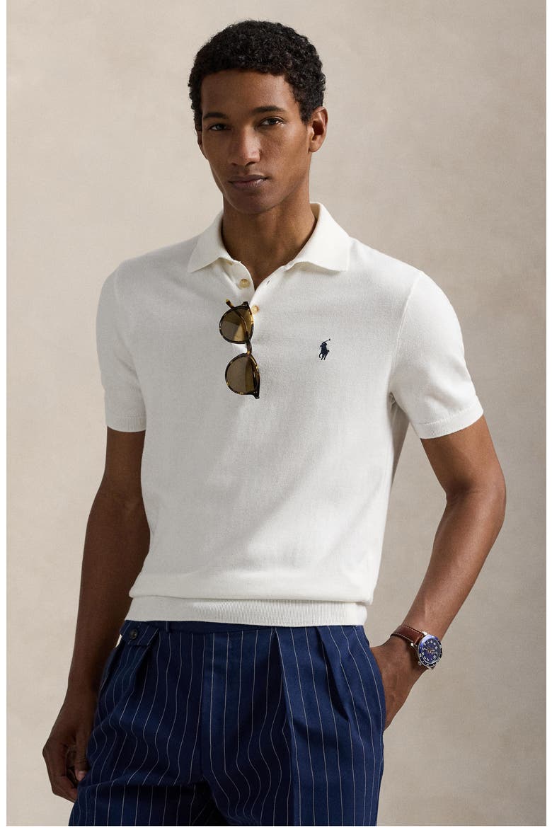 Short Sleeve Cotton Polo Sweater, Alternate, color, DECKWASH WHITE W/ NAVY PP