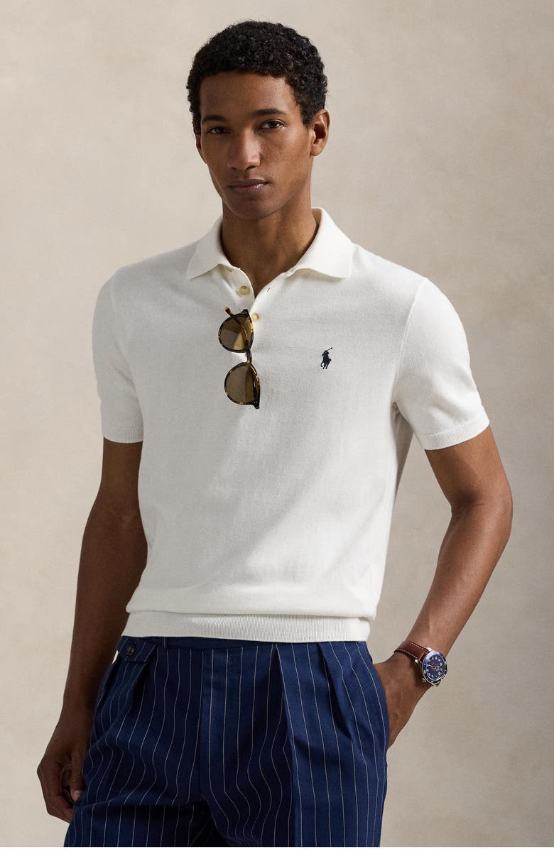 Polo Ralph Lauren Short Sleeve Cotton Polo Sweater, Alternate, color, Deckwash White W/ Navy Pp