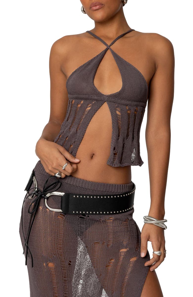 EDIKTED Jaynie Distressed Flyaway Camisole Sweater, Main, color, Brown