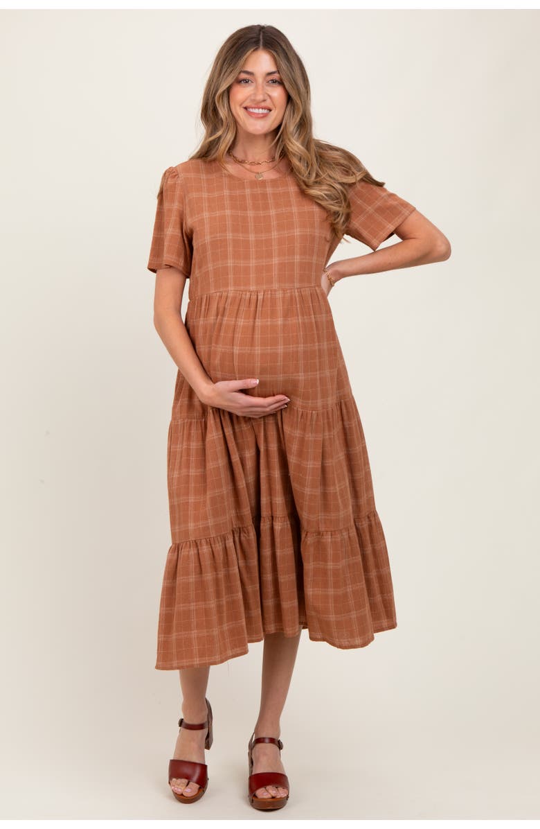 PinkBlush Plaid Tiered Short Sleeve Dress, Main, color, Rust