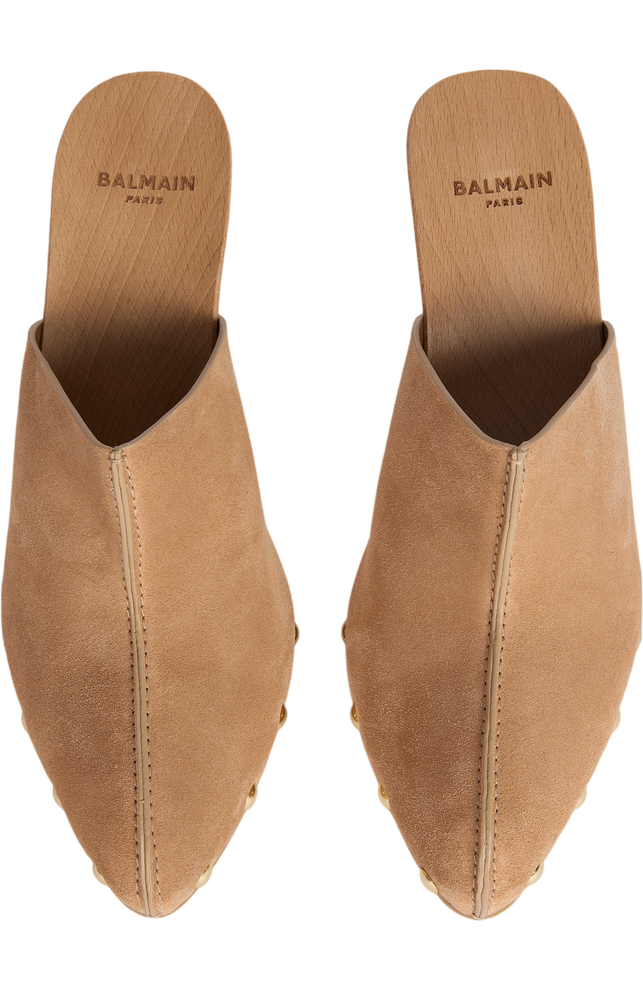 Balmain Wedge clogs in wood and suede, Alternate, color, Beige