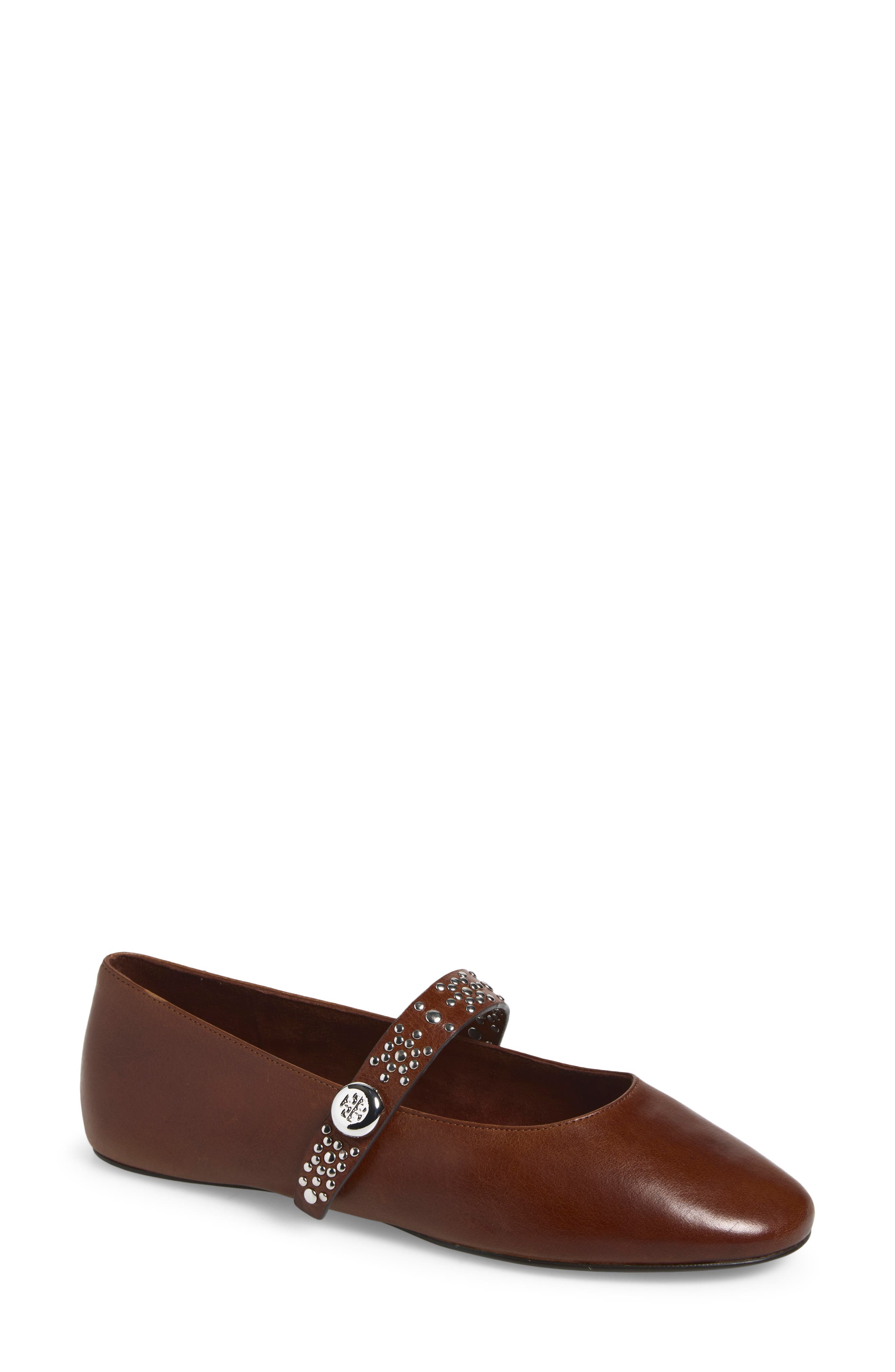 Romy Stud Leather Mary Jane Flat, Main, color, COGNAC