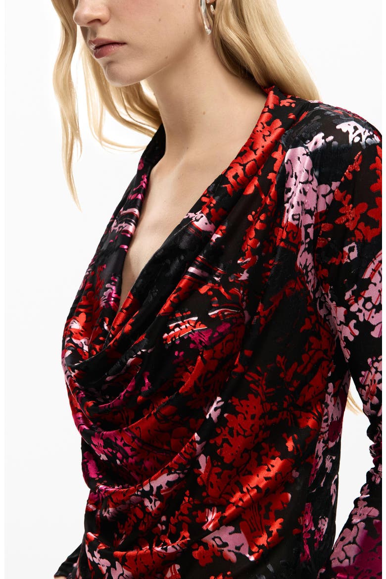 Floral Print Cowl Neck Long Sleeve Shirt, Alternate, color, BLACK