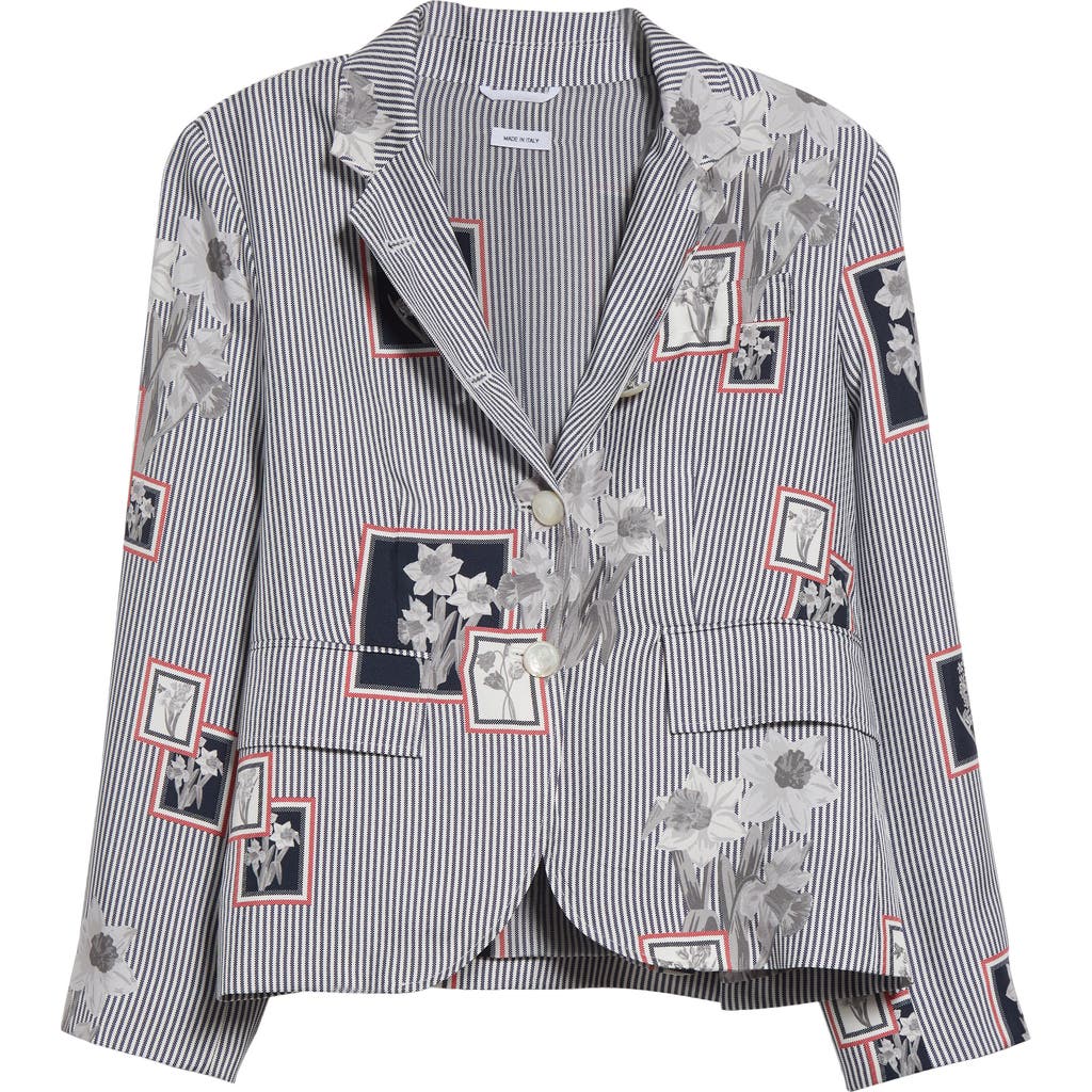 Thom Browne Framed Floral Print Fit 3 High Armhole Silk Twill Sport Coat In Navy