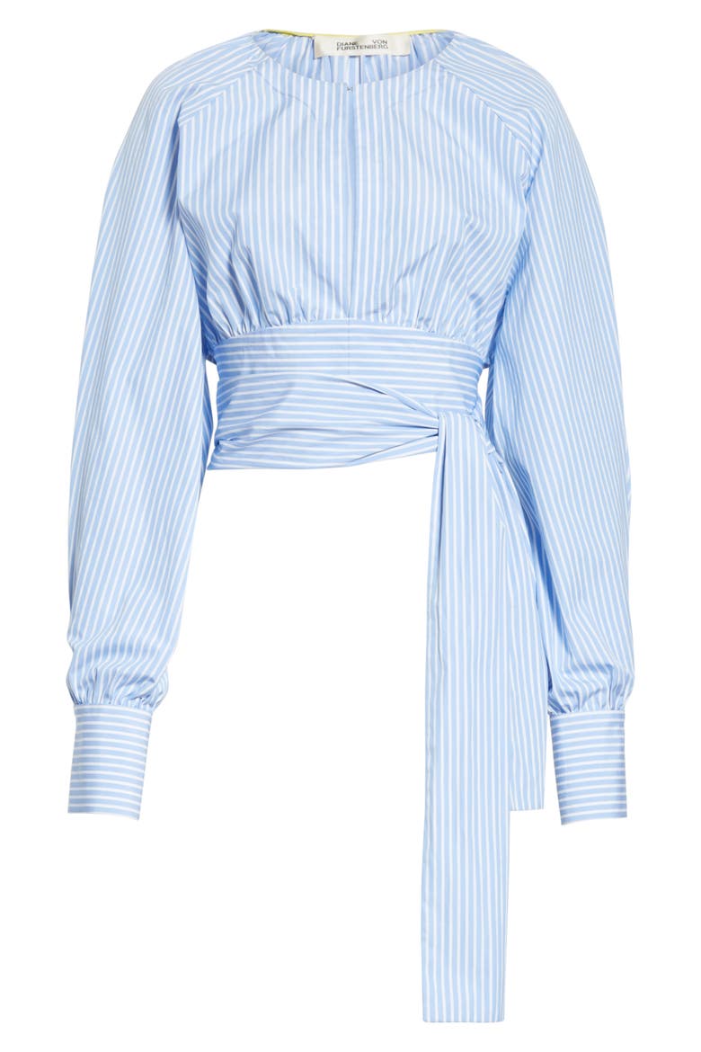 Diane von Furstenberg Keyhole Crop Cotton Blouse, Alternate, color, PALE BLUE/ WHITE WIDE STRIPE